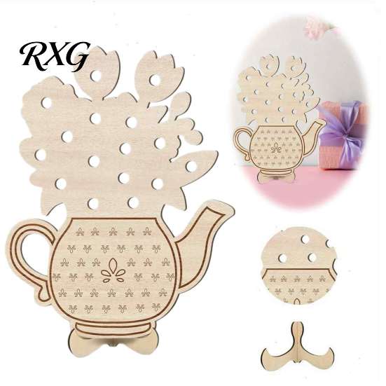 Retro Pastoral Decor Wooden Teapot Shape Flower Holder, Natural Wood Floral Display Stand, DIY Assembled Stand Blank Vase for Artificial Arrangement,
