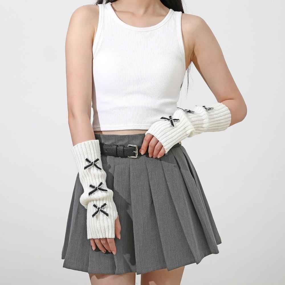 Thicken Y2K Fingerless Gloves Soft Knitted Sleeve Cover Fashion Bow Arm Warmers Winter