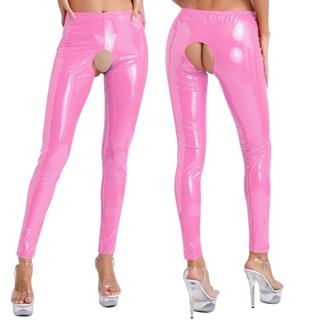 Женские кожаные леггинсы с мокрым внешним видом, эластичный пояс с вырезом, колготки, брюки, брюки с высокой талией