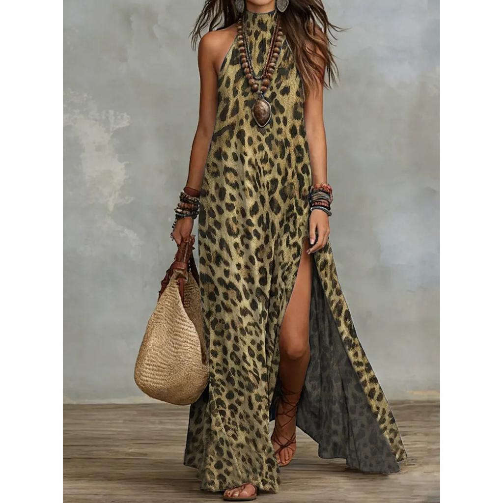 Paisley Print Halter Neck Long Maxi Dress, Fashion Casual Summer Long Dress for Women European American