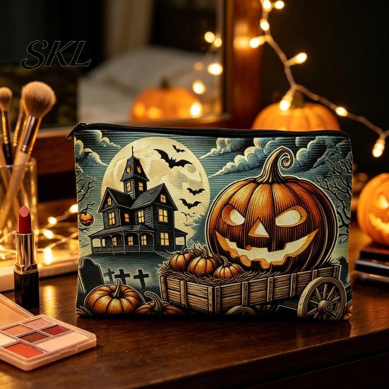 Large Capacity Pencil Pouch Halloween Storage Bag, Cosmetic with Pumpkin Small Toiletries Organizer Castle Skull Print, Smooth Zipper Thickened Canvas