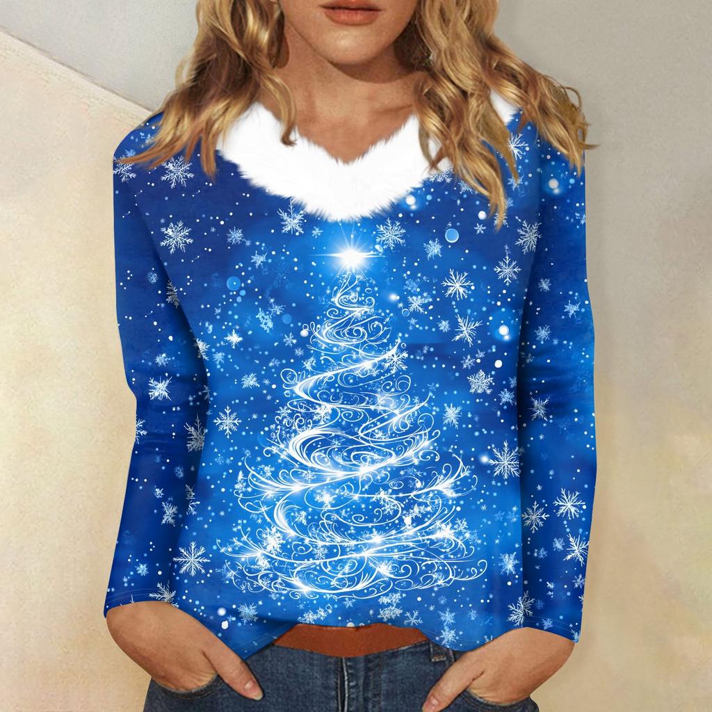 Women's T Shirt Shirt Long Sleeve Christmas Party Printed Plush Collar V Neck  Top