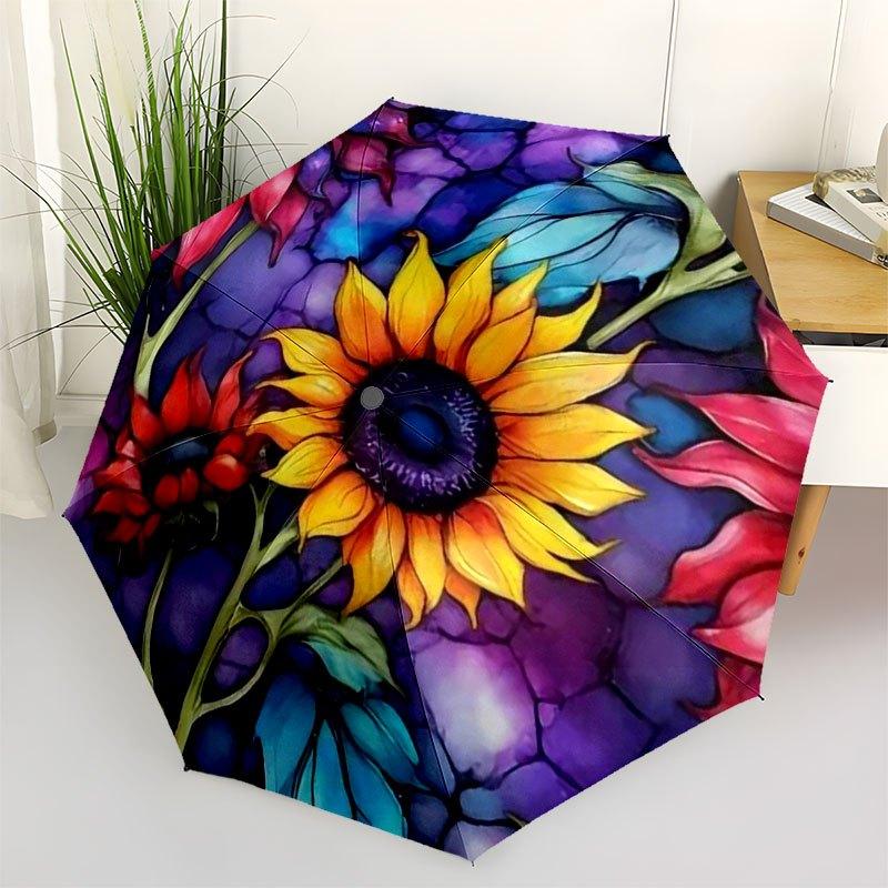 Stunning Sunflower Stained Glass Wall ArtUmbrella with Cute Design,Portable 3-Fold Compact Umbrella for Men&Women,Valentine's Day Mother's D