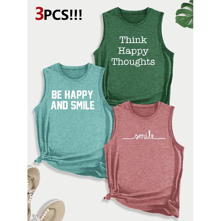 ThinkHappy Text combination gift print pattern round neck3Pack of sleeveless vests for women in spring, summer, and autumn