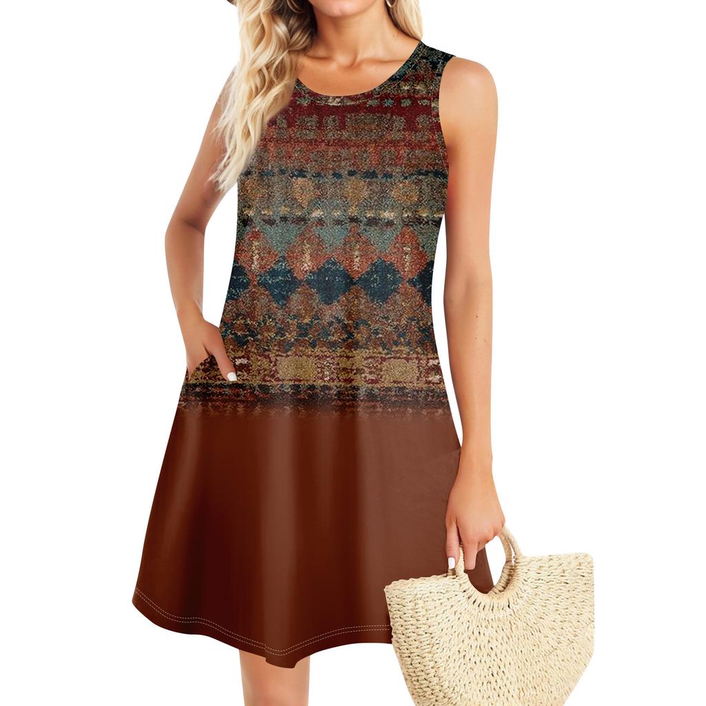 Summer Dresses For Women Beach Boho Sleeveless Vintage Printing Flowy Pocket Tshirt Tank Sundresses