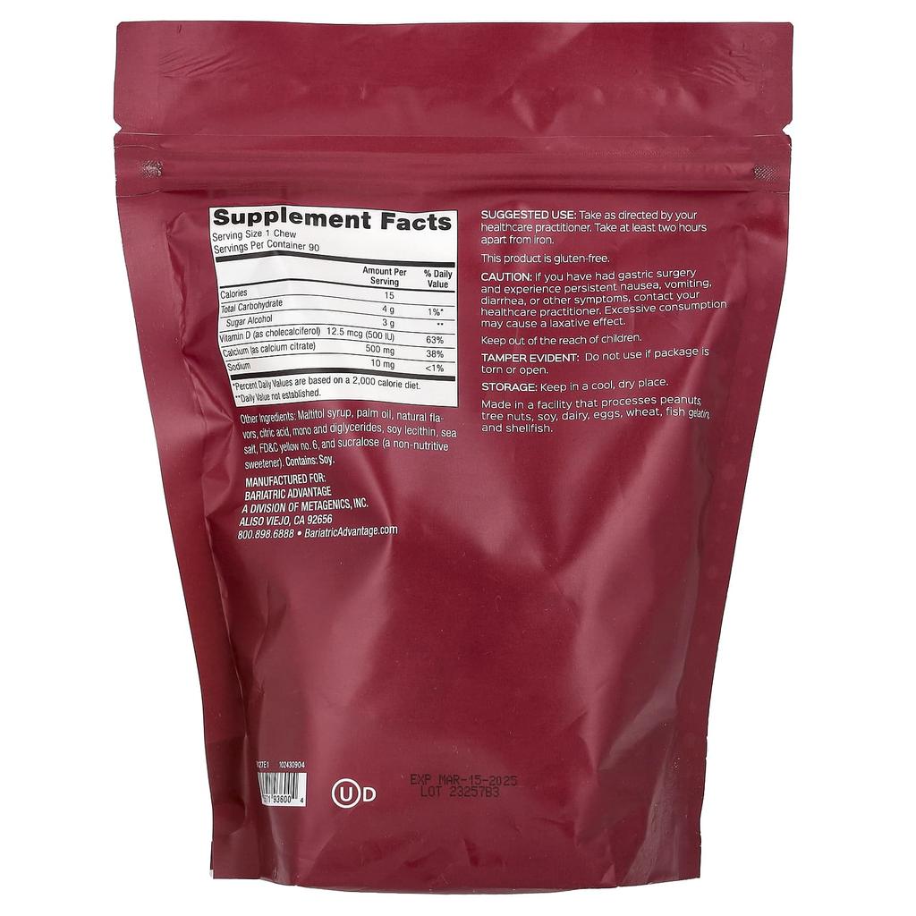 Bariatric Advantage Calcium Citrate, Chewy Bites, Sugar-free, Tropical Orange, 90 Soft Chews