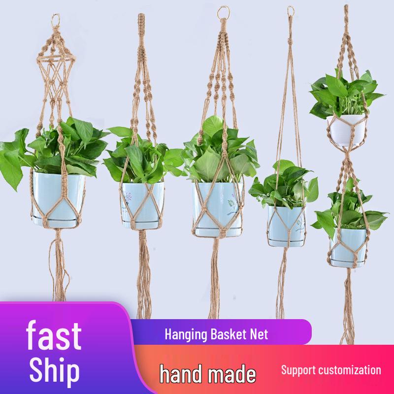 Bohemian Jute Rope Hanging Flower Pot Net Pocket for Balcony Plant Display