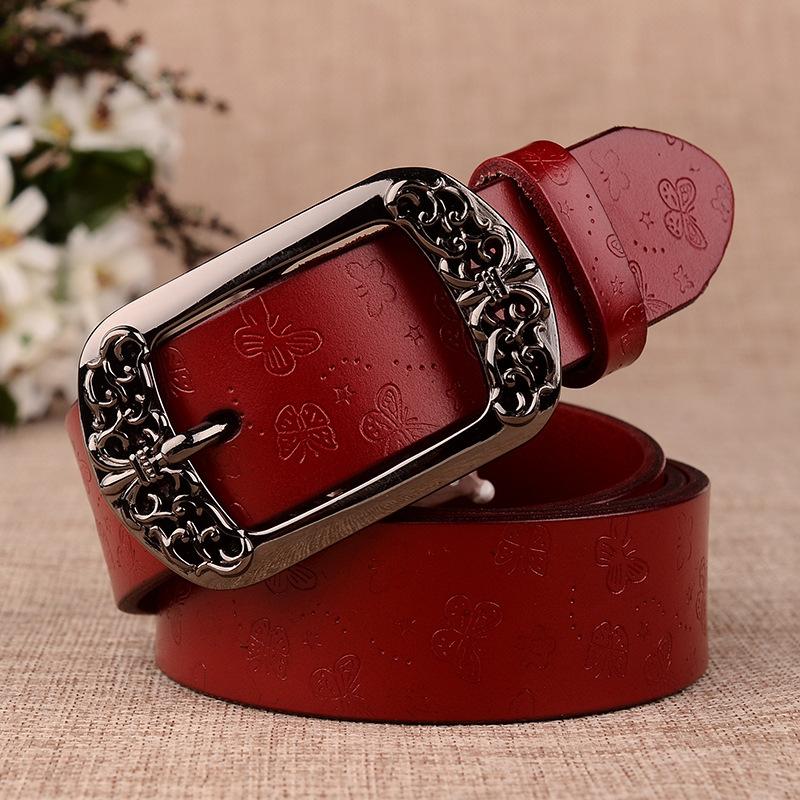 Women's Vintage Engraved Pin Buckle Genuine Cowhide Leather Belt - Versatile Casual Retro Waist Accessory