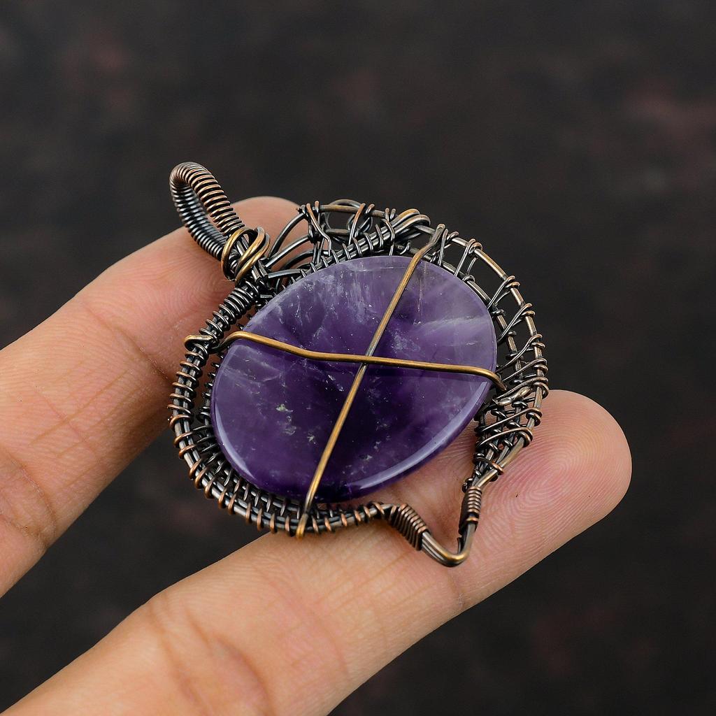 Подвеска со звездным аметистом, обернутая медной проволокой, подвеска с драгоценным камнем, медные украшения, потрясающая подвеска, подвеска ручной работы, обернутая проволокой, свадебный подарок