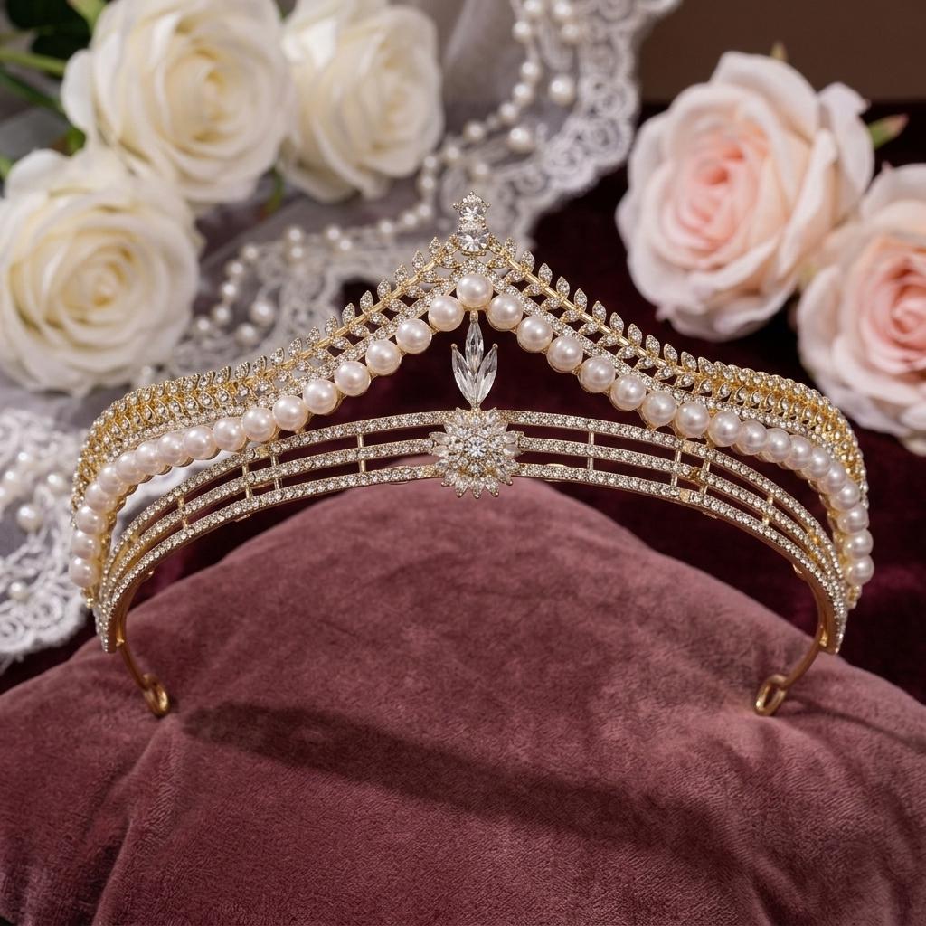 Children Pearl Crown Headband for Girls Birthday Performance Alloy Frame with Imitation Pearls and Silicone-Lining