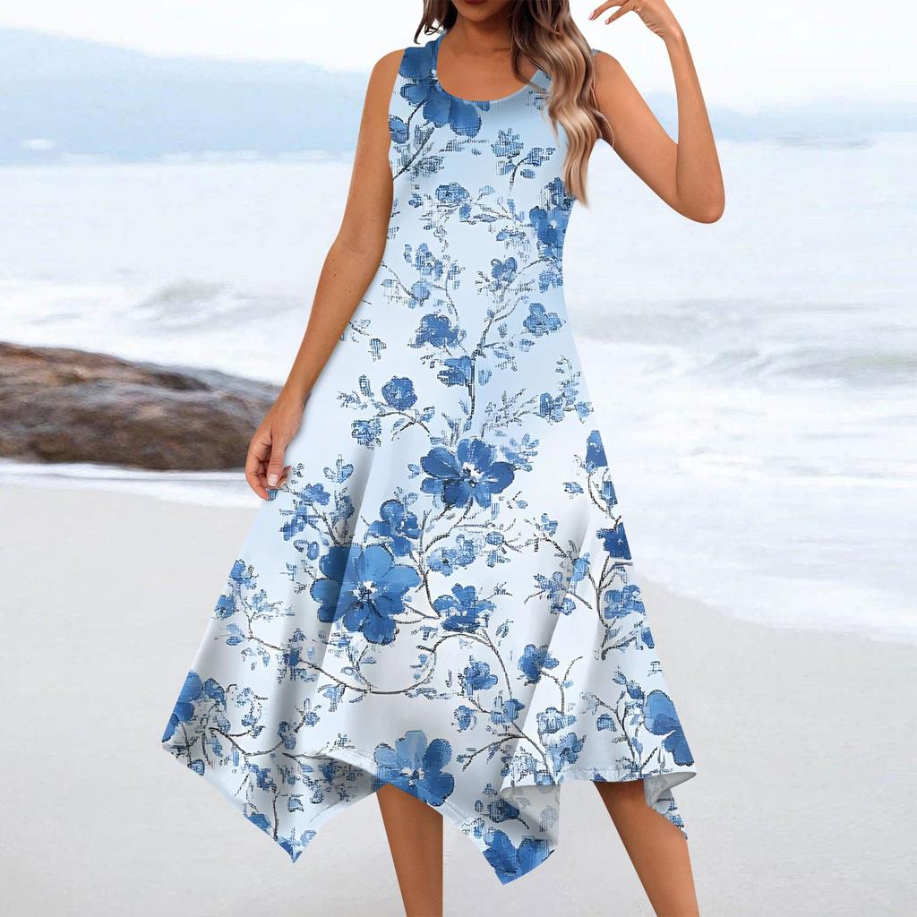 Женское повседневное модное платье миди без рукавов с круглым вырезом и цветочным принтом, нерегулярный подол