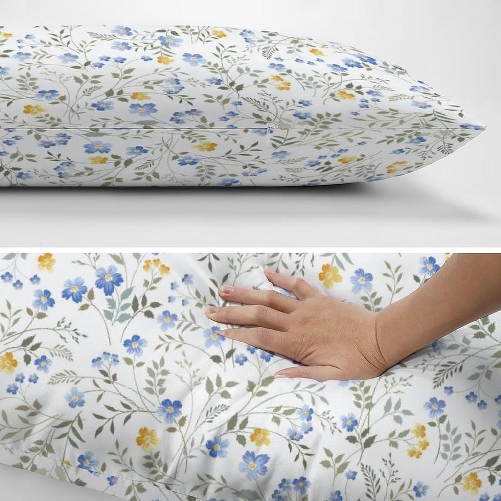 Blue Yellow Flower Leaf Throw Pillow Cover Queen Size Set of 2 Wildflower Aesthetic Floral Lumbar Pillow Case Standard Pillow Cases Watercolor Floral
