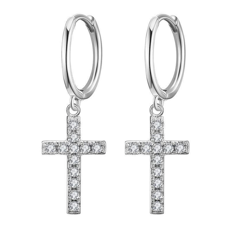Women 925 Silver Cross Rhinestone Inlaid Hoop Dangle Earrings