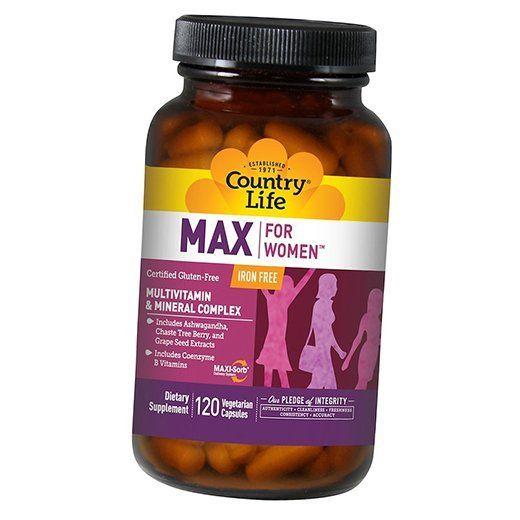 Мультивитамины для женщин без железа, Max for Women Iron Free, Country Life 120вегкапс (36124010)