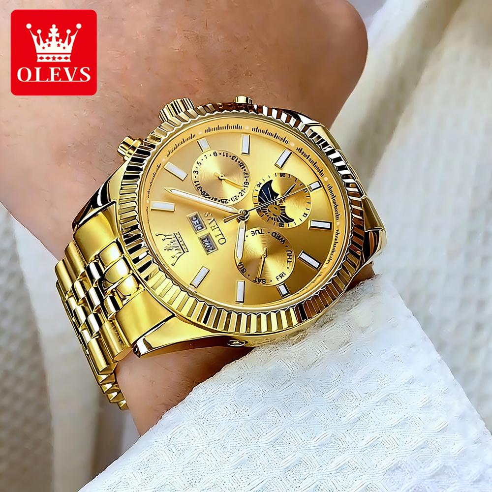 OLEVS Men's Watches Top Luxury Fashion Fine Steel Threaded Bezel Calendar Moon Phase Date Original Automatic Mechanical Watch