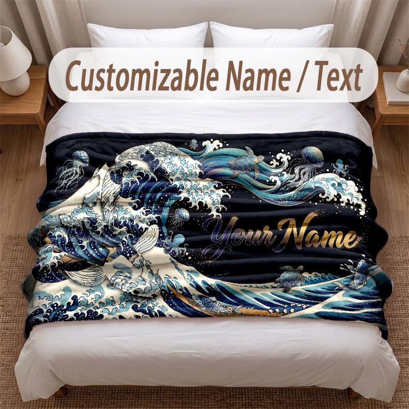 Fish Ocean Theme Soft Blanket Personalized Custom Name Text Print Warm Blanket Home Sofa Bedroom Decor