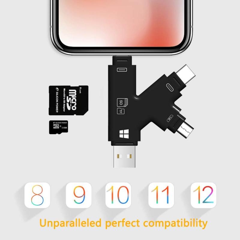 Устройство чтения карт памяти SD USB 2.0 Многофункциональное устройство Lightning Type-C 4-в-1 Интерфейс USB Micro USB K-образный дизайн