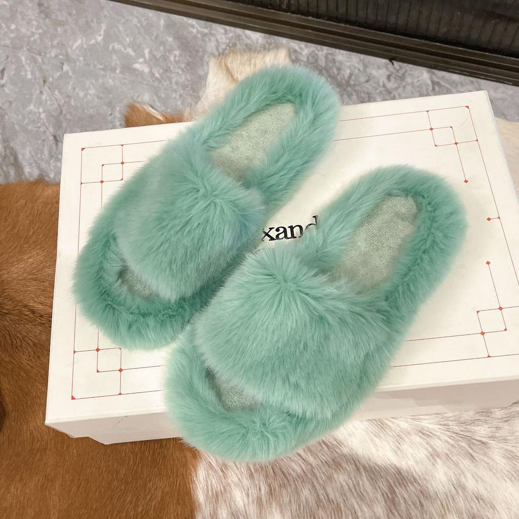 Mao Mao Slippers Women's Outer Wear 2025 New Korean Version of Rabbit Fur Shoes Autumn and Winter Household One-word Flat-bottomed Home Cotton Slip