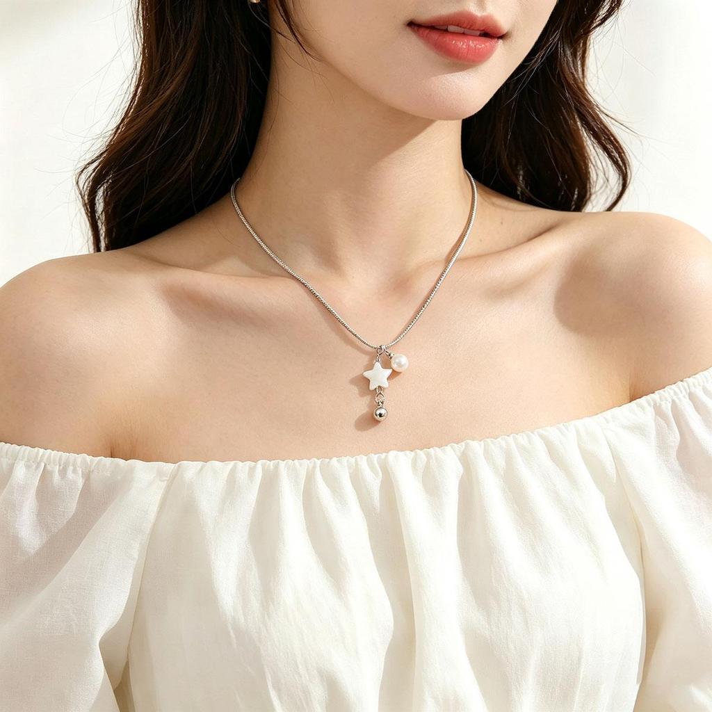 Star faux pearl pendant necklace for women, trendy new everyday accessory, niche dress matching versatile clavicle chain