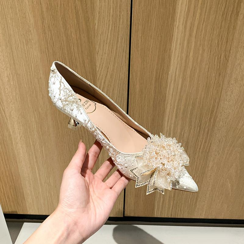 Single Shoes Women's Summer 2025 New Spring Autumn Shoes Crystal High Heels Wedding Shoes Versatile Rhinestones Full Diamonds High Heels Are Not Tired