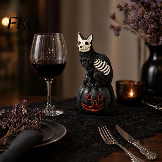 Outdoor Small Landscaping Ornament Halloween Skull Black Cat Pumpkin Figurine, Gothic Statue with Hollow Ribs, Resin Carved Decoration