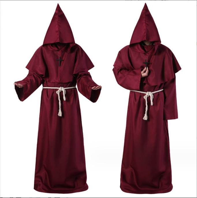 Medieval Monk Robe Renaissance Priest Halloween Cosplay Costumes Wizard Carnival Party Hooded Cloak With Cross Necklace