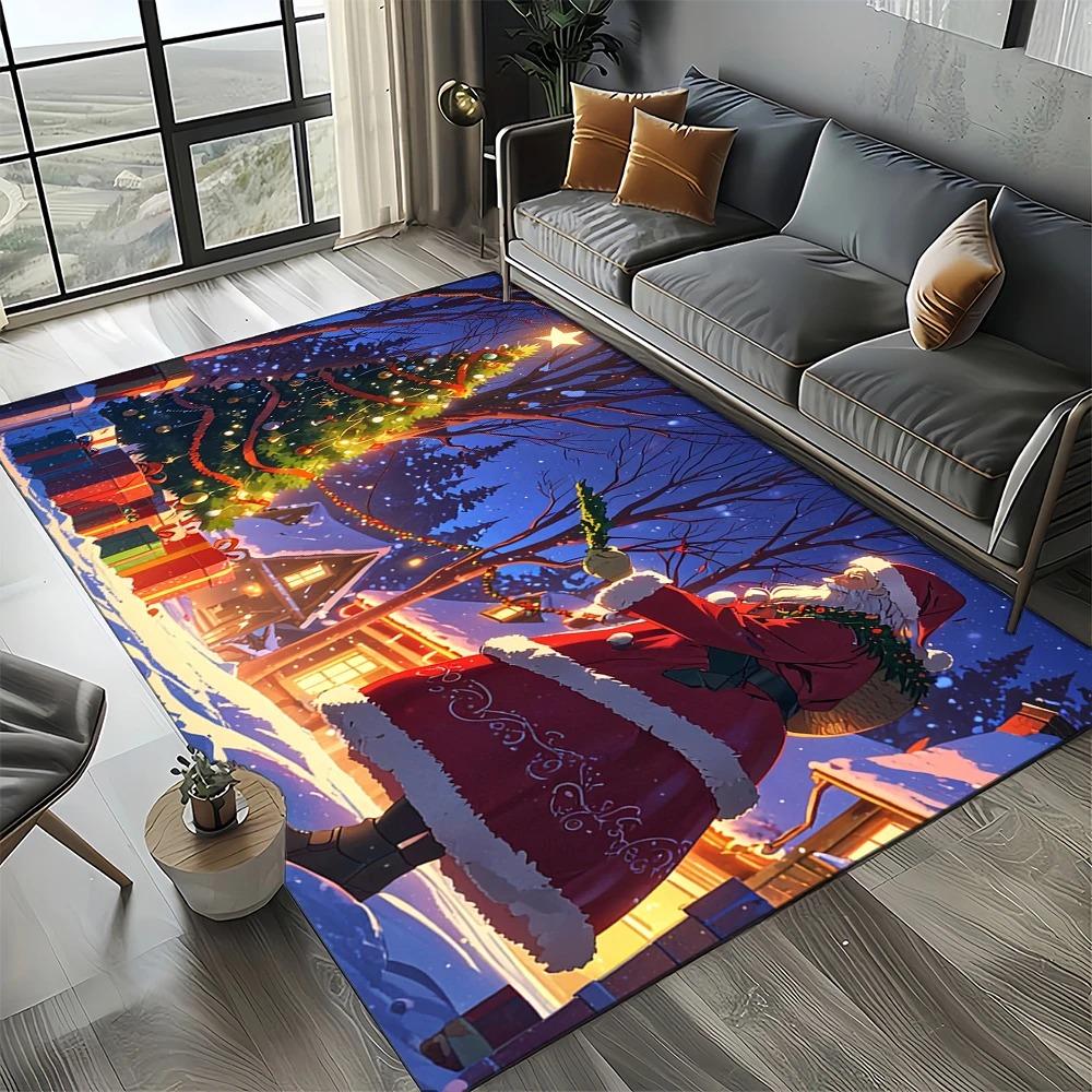 Рождественский нескользящий коврик Декоративный коврик для пола с Санта-Клаусом и оленями Праздничный нескользящий коврик для гостиной и спальни