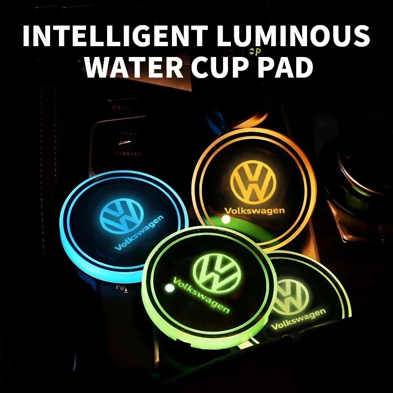 New Led Car Cup Drink Holder Logo Light USB Charging Luminous Coaster For Volkswagen Sagitar GTI Polo Passat R-Line Jetta R