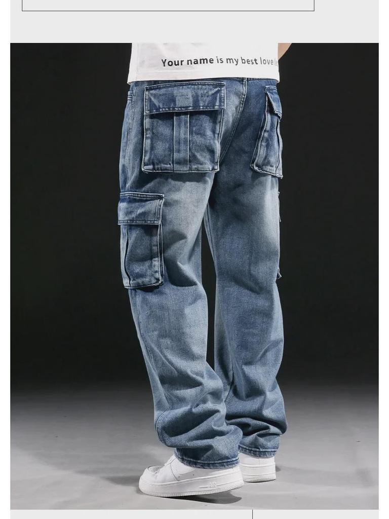 Мужские джинсы американского стиля с широкими штанинами и множеством карманов, свободные рабочие джинсы, большой размер