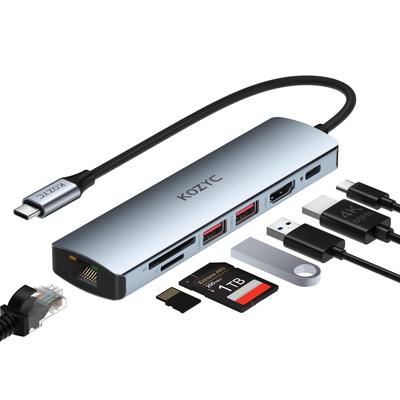 USB C Hub Ethernet Multiport KOZYC USB C Hub HDMI 1 Гбит/с 100 Вт 2 USB 10 Гбит/с слот для карты для Macbook адаптер, 7-в-1 4K@60 Гц, Ethernet, PD, 3.2 Data, SD/TF