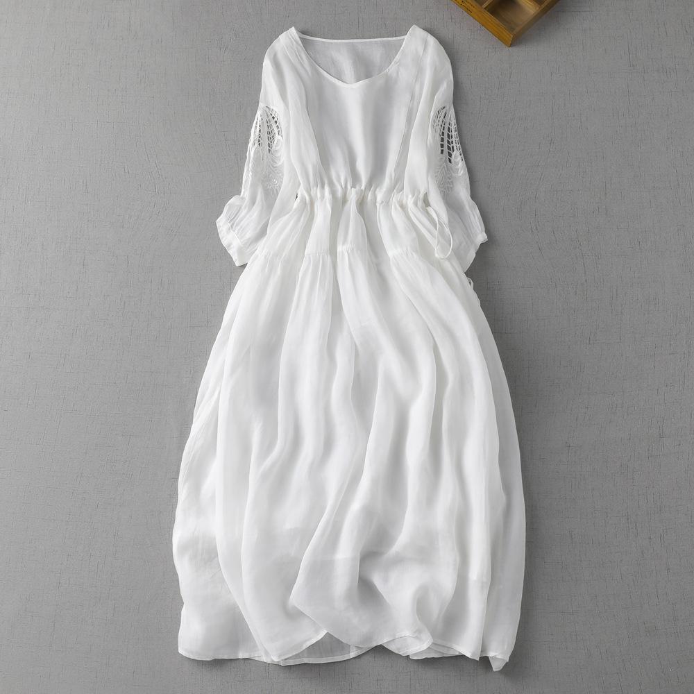2023 Summer Ethnic Retro French Embroidered V-Neck Cotton Linen Long Dress