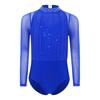 Girls Dance Leotard Long Sleeve Keyhole Back Design Sequins Rhinestones Sheer Mesh Figure Skating Outfit