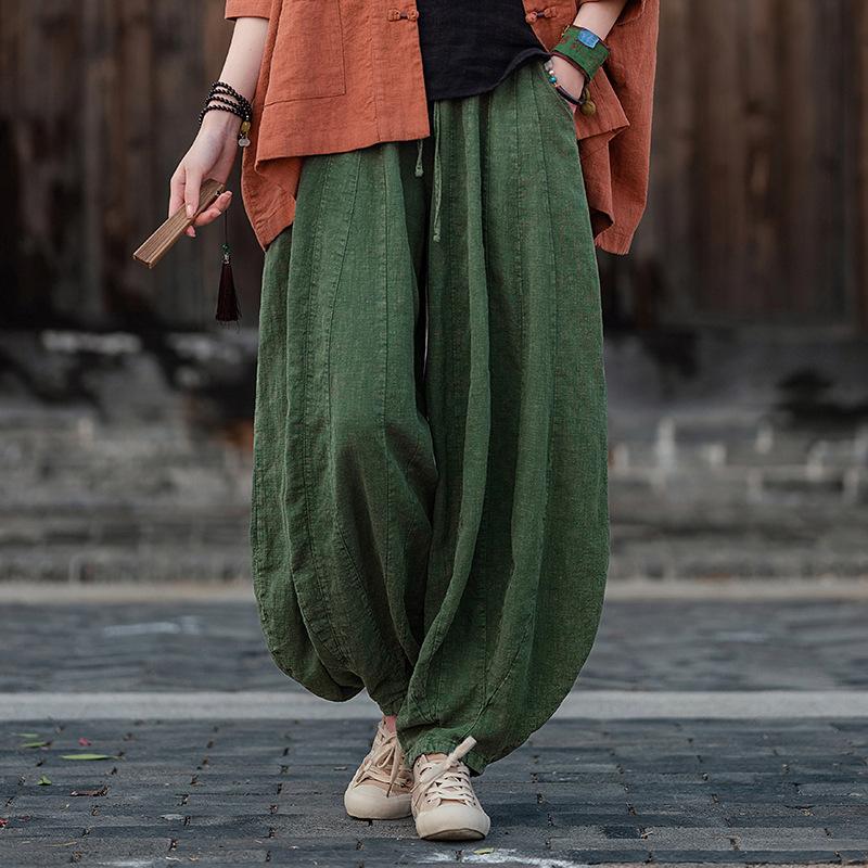 Johnature Женские винтажные высококачественные шаровары, однотонные свободные осенние брюки с эластичной резинкой на талии