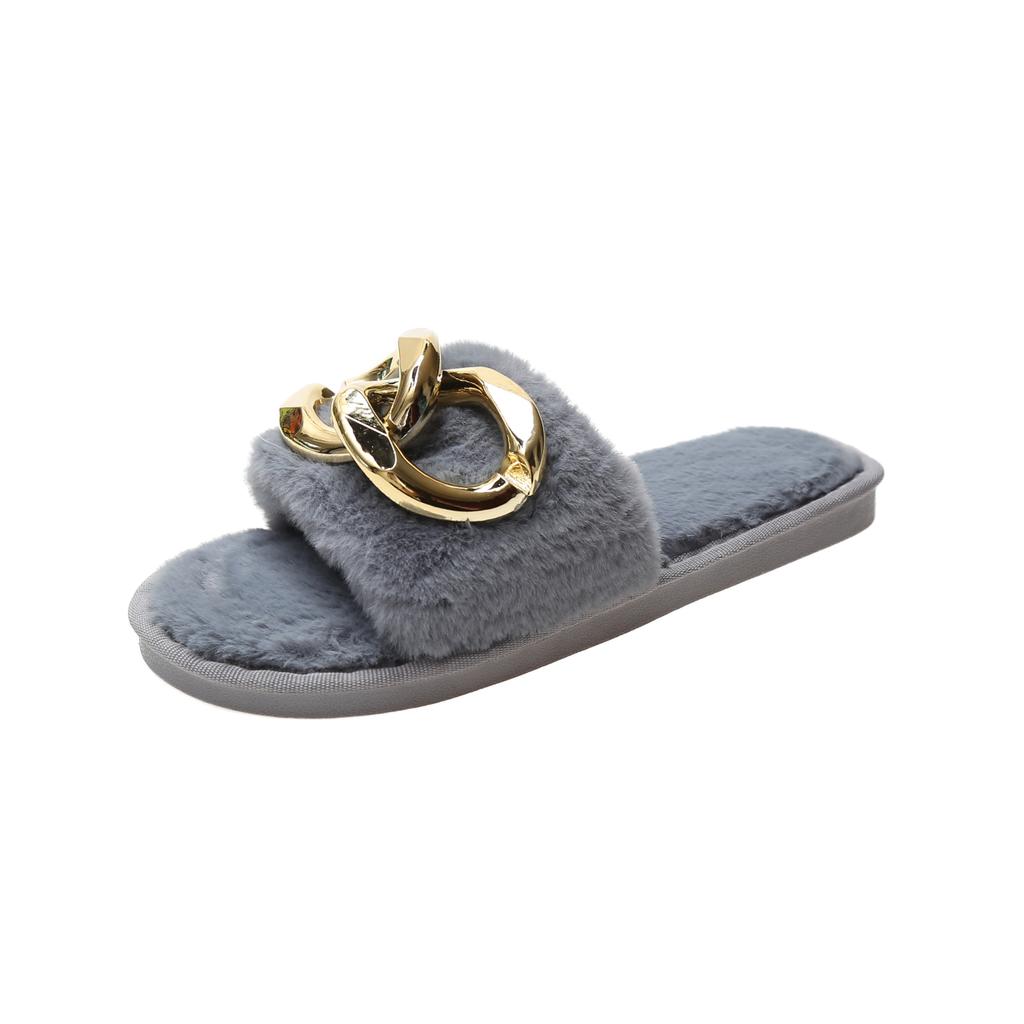 Fashion 2025 New Winter Plush Slippers Fashion Open Toe Solid Color Women's Sandals Metal Chain Casual Women's Shoes Fashion Shoes
