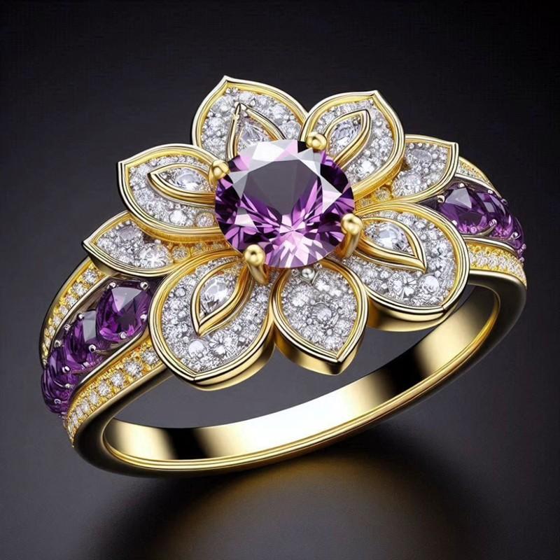 Huitan Gentle Flower Shaped Women Ring Luxury Wedding Engagement Inlaid Shiny Purple CZ Party Fashion Accessories Jewelry Gift