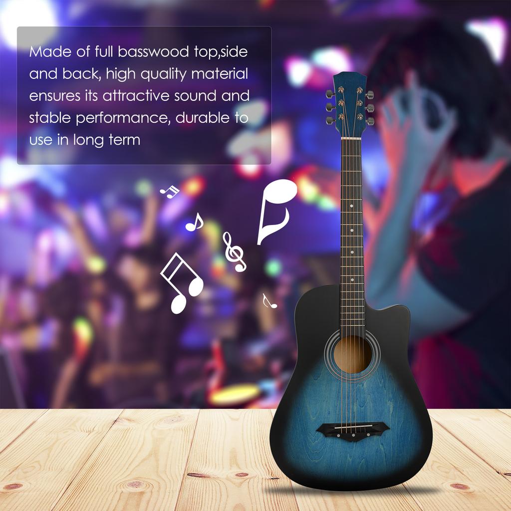 Акустическая гитара в вырезе, 38-дюймовая народная гитара, натертая вручную липа, с целлулоидным медиатором, держателем медиатора,