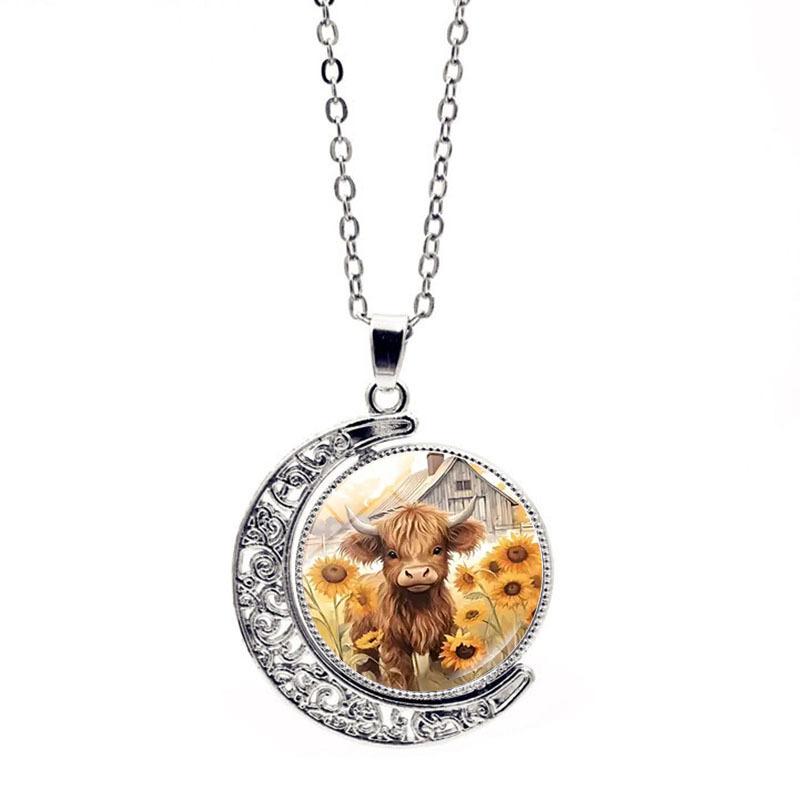 Scottish Rose Highland Cow Rotating Moon Women's Jewelry Retro Pendant Necklace
