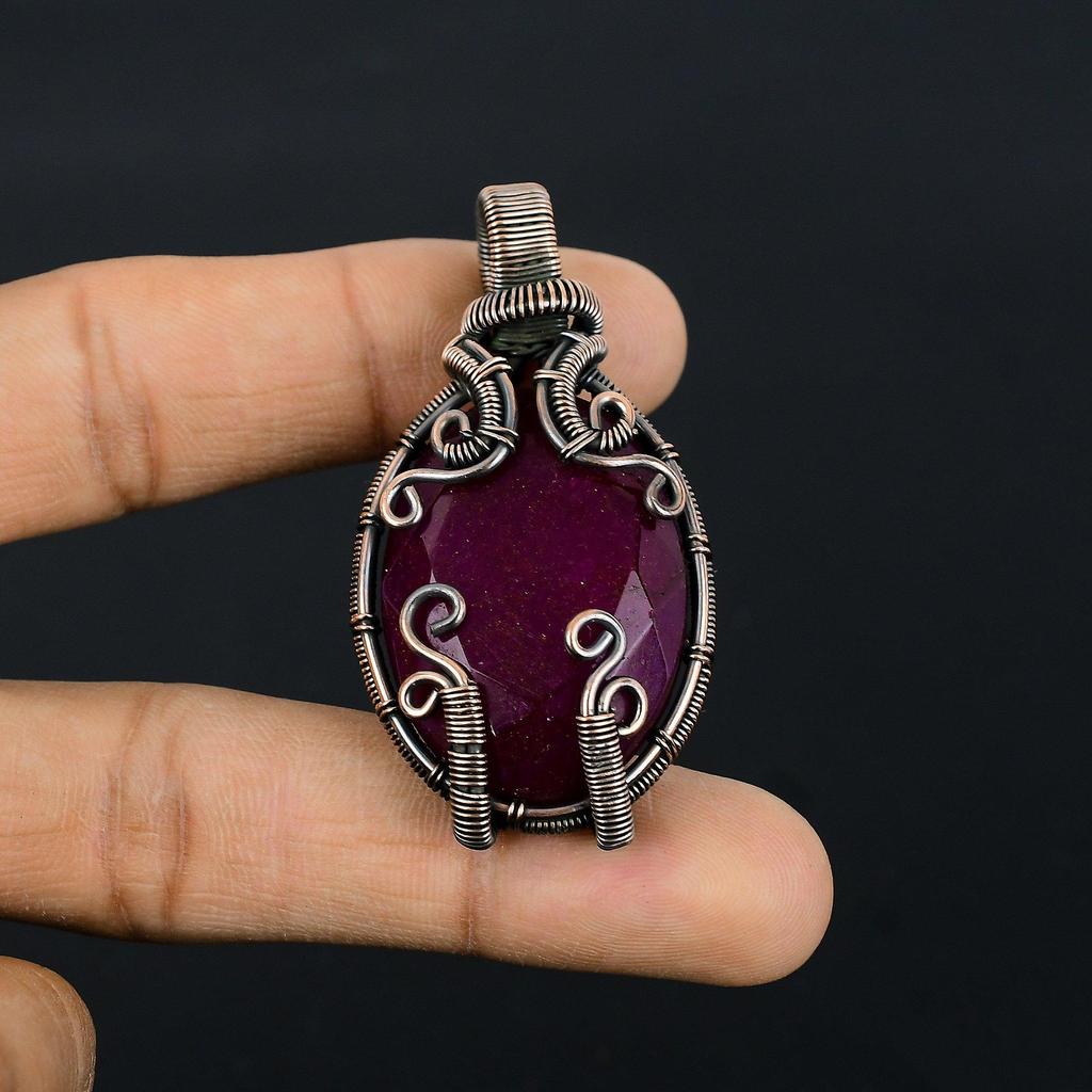 Рубиновый кулон Ювелирные изделия из драгоценных камней, Кулон ручной работы, обернутый медной проволокой 999 пробы, Ювелирные изделия новейшего дизайна