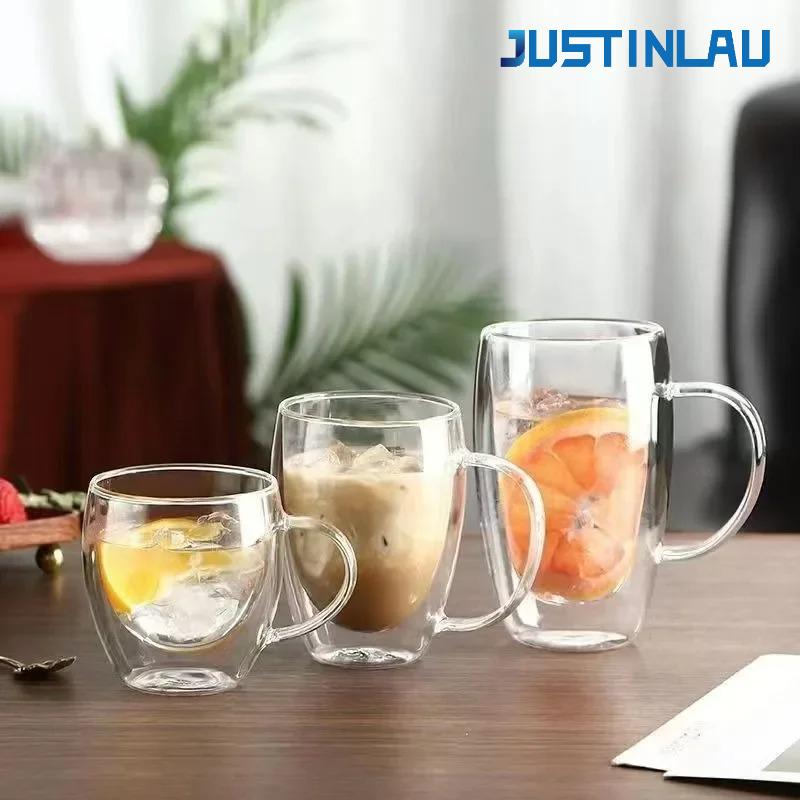 JUSTINLAU 150/250/350 мл Термостойкие стеклянные чашки Двухстенная стеклянная кофейная чашка с ручкой Чашка для воды для завтрака Прозрачные стаканы для сока