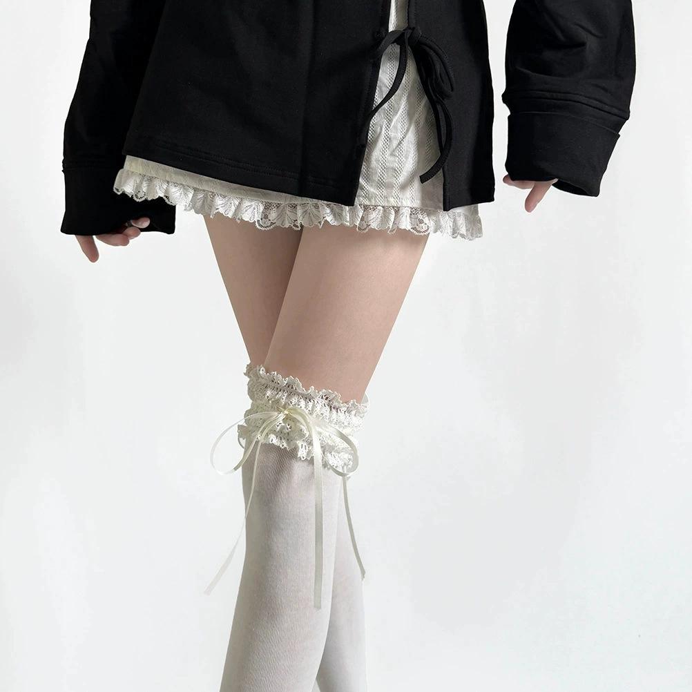 Pure Cotton Lolita Wide Lace Ribbon Bow Socks - Spring Mid-Calf Sweet Desire Style
