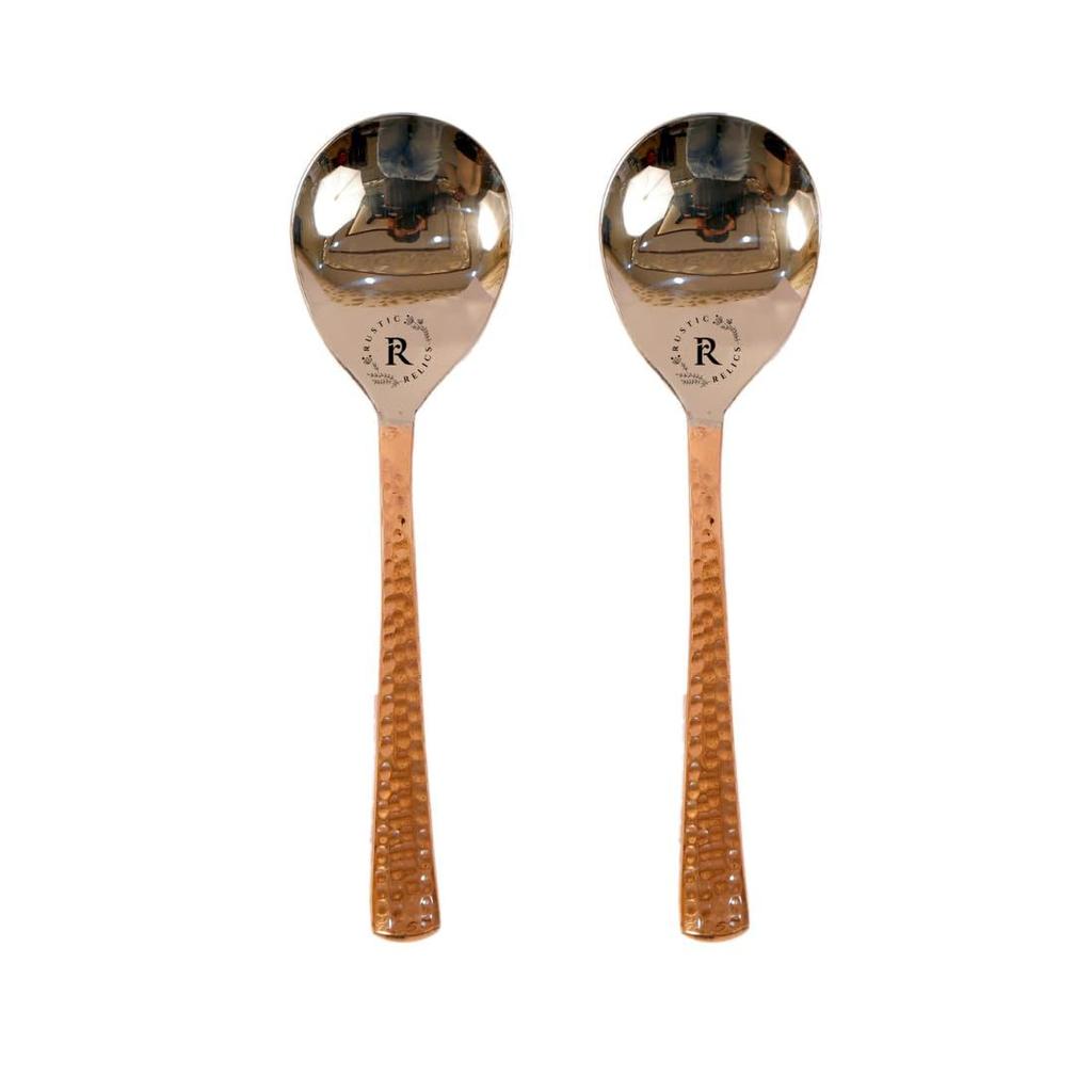 Stainless Steel and Copper Made Serving Spoon Set Metal Kitchen Dining and Cutlery | Steel and Copper Metalic Finish