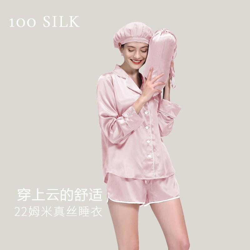 Womens 100% Pure Mulberry Silk Pajama Set Long Sleeve Short Pants Lightweight Sleepwear Loungewear French Style
