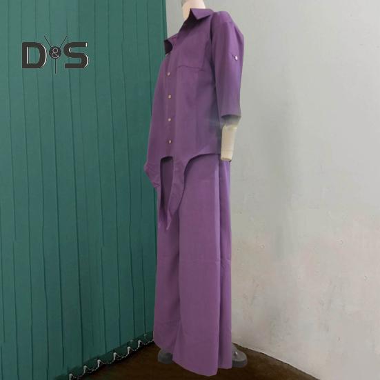 Women's Cotton-Linen Two Piece Outfit Long Sleeve Lapel Button Down Top Matching Wide Leg Pants Casual Loungewear Set