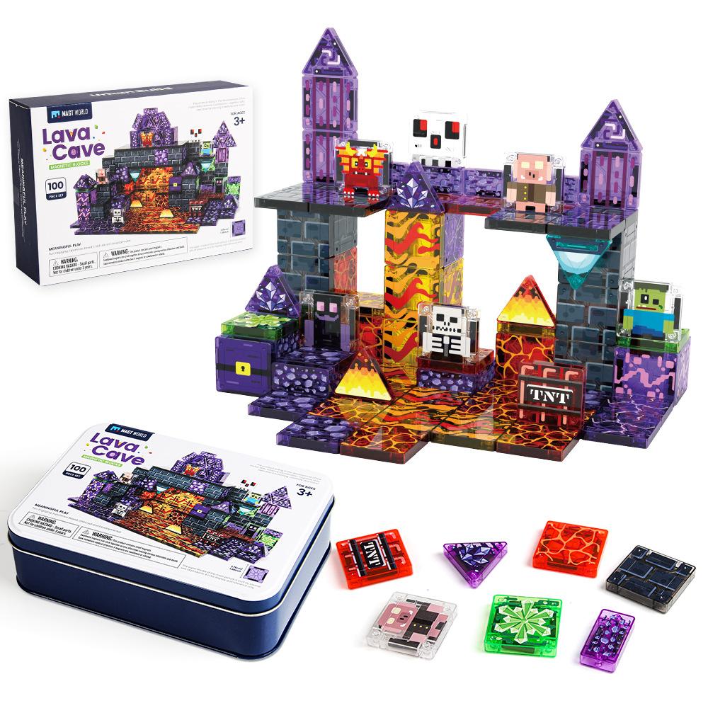 Magnetic Tiles Building Blocks for Kids, Mine Cave Theme Set, Portable Tin Box, STEM Educational Toy