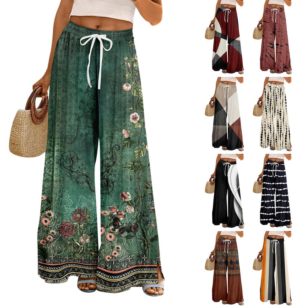 Women Summer Boho Palazzo Pants High Waist Wide Leg Floral Printing Casual Trousers With Pockets