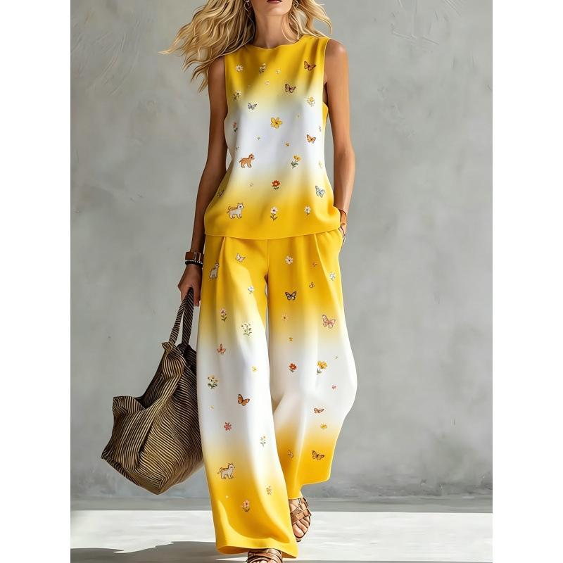 Crew neck top wide leg pants two-piece set women's casual suit European and American summer new rainbow tie-dye sleeveless