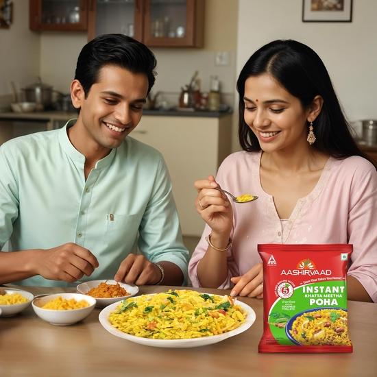 Aashirvaad Instant Khatta Meetha Poha, 60g, Ready To Eat Poha | 5 Mins Instant Breakfast