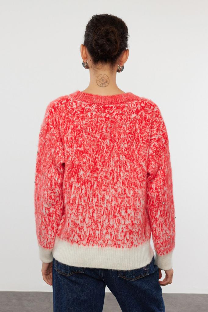 Женский свитер в элегантном стиле, красный вязаный свитер с мягкой текстурой и рисунком