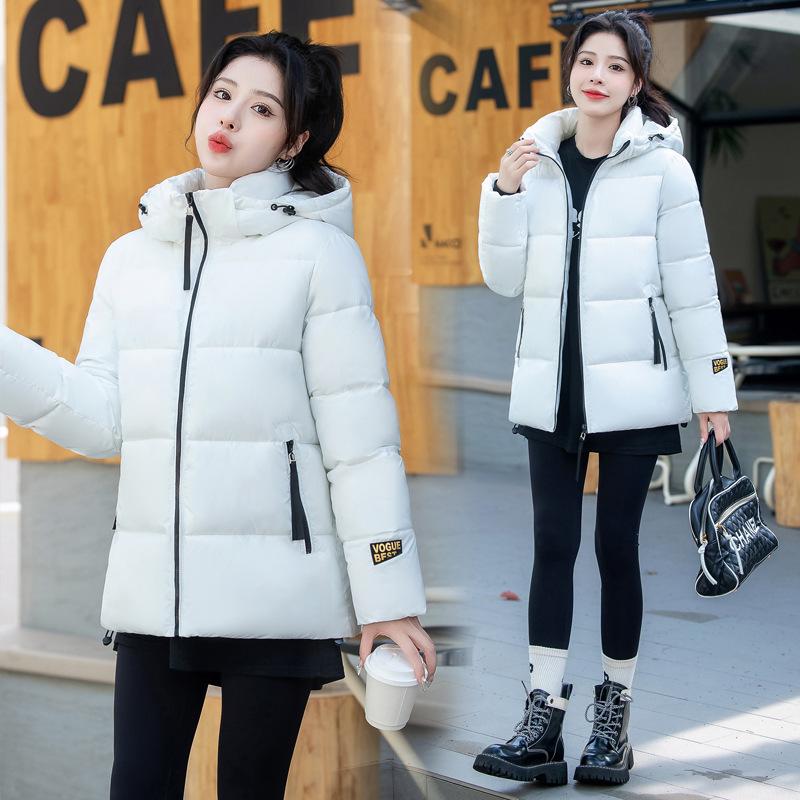 Women Short Medium Length Down Jacket Winter Warm Stand Collar Solid Color Casual Outerwear Coat