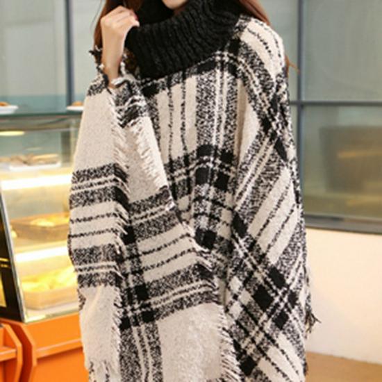 European and American High Neck Plaid Cape - Batwing Sleeve Knitted Pullover Shawl for Women